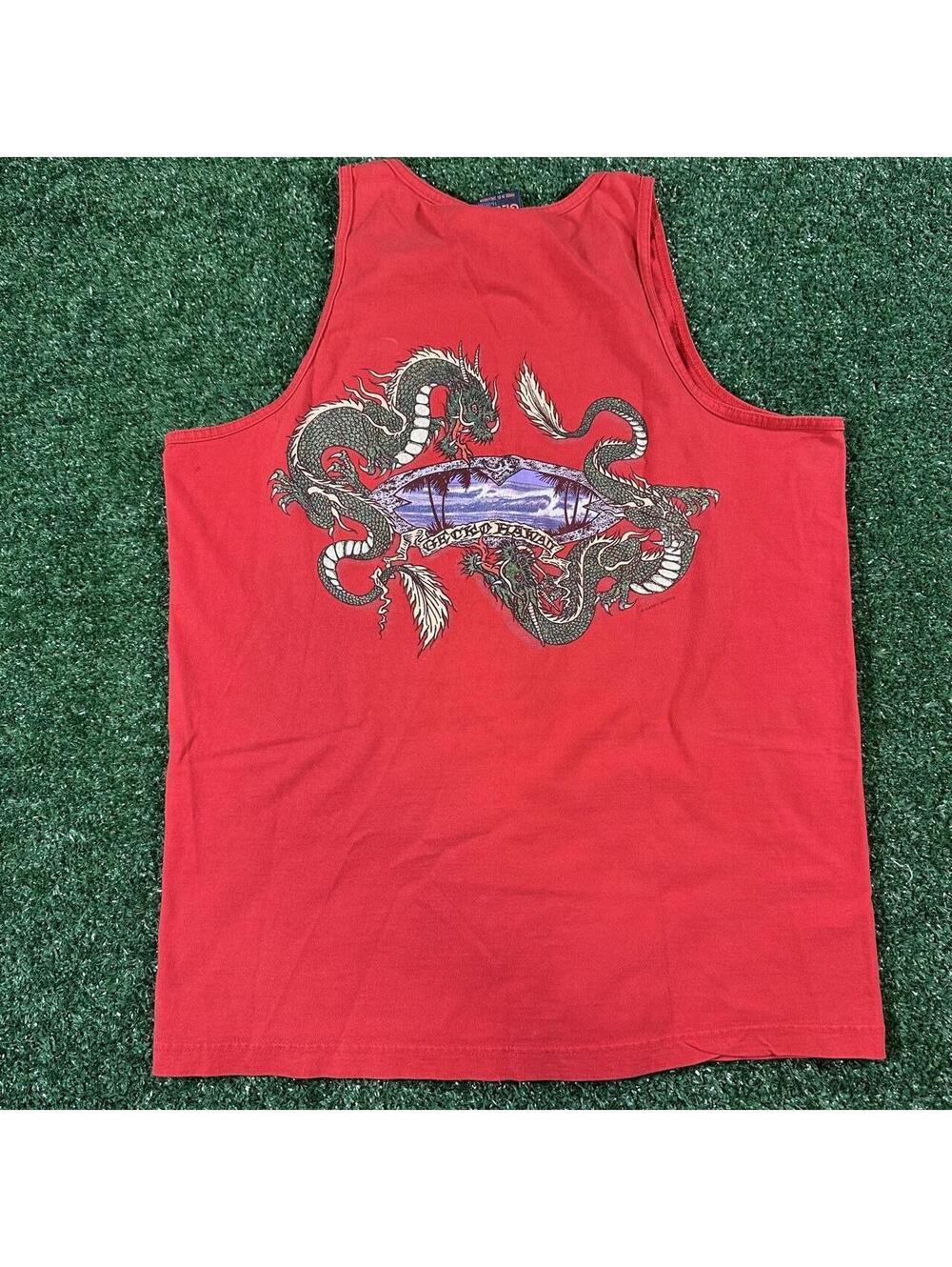Retro Red vintage 90s Geckos Hawaii dragon tank top beachy Cali boy surf surfer